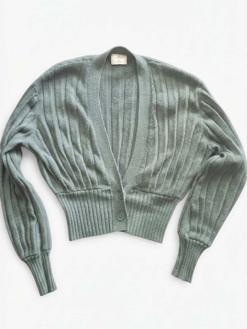 Wilfred Aritzia Green Merino Wool Blend Ribbed Cropped Cardigan XS Coquette Prep
